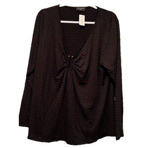 Lane Bryant Sz 18/20 Black Crinkle Knit LS Silver Hardware @ V Neckline NWT